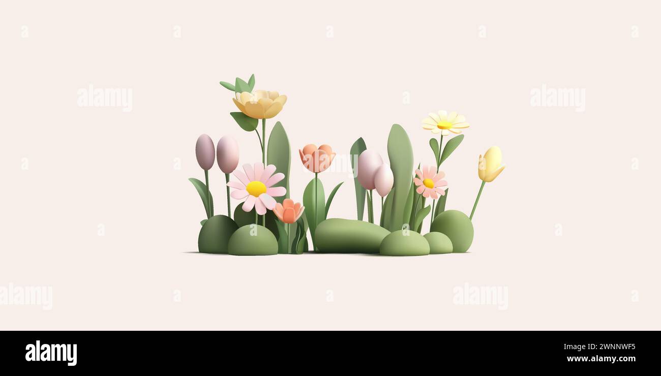 3d illustration of spring flowers on grass field, daisy and tulips on green grass. Cartoon render modern style illustration Stock Vector