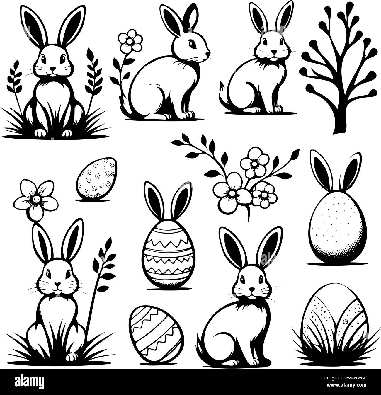 set black and white drawings rabbits and flowers. rabbits are sitting ...