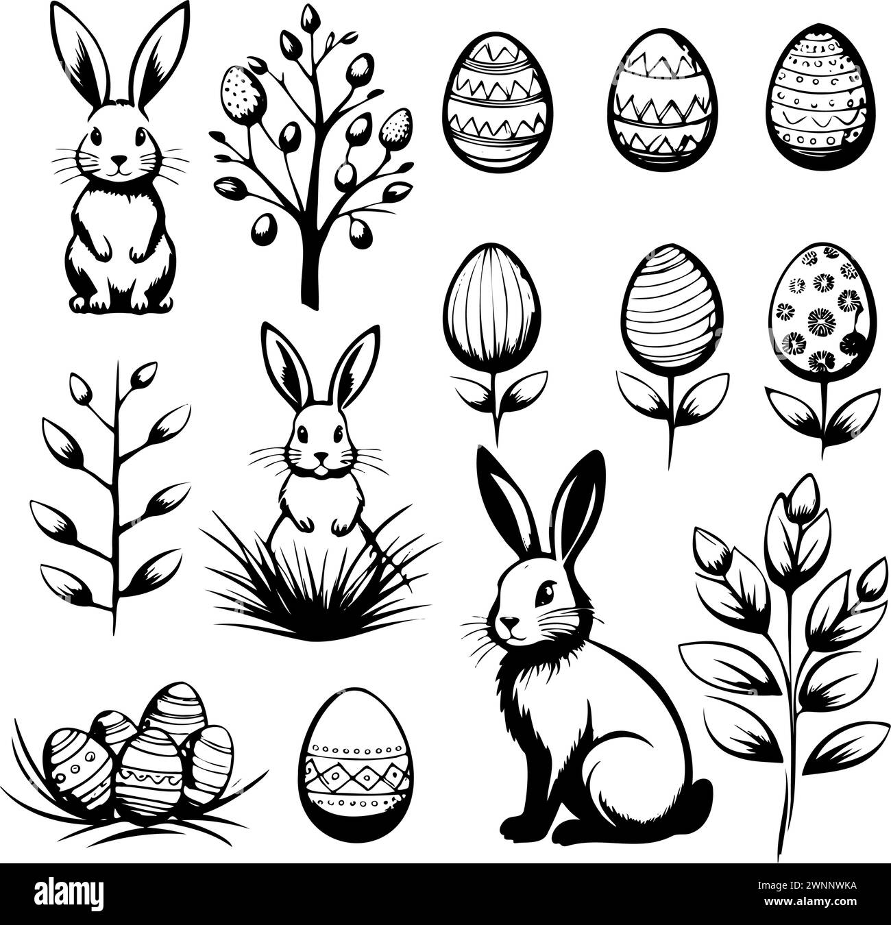 A set of black and white drawings Easter eggs, rabbits, and flowers ...