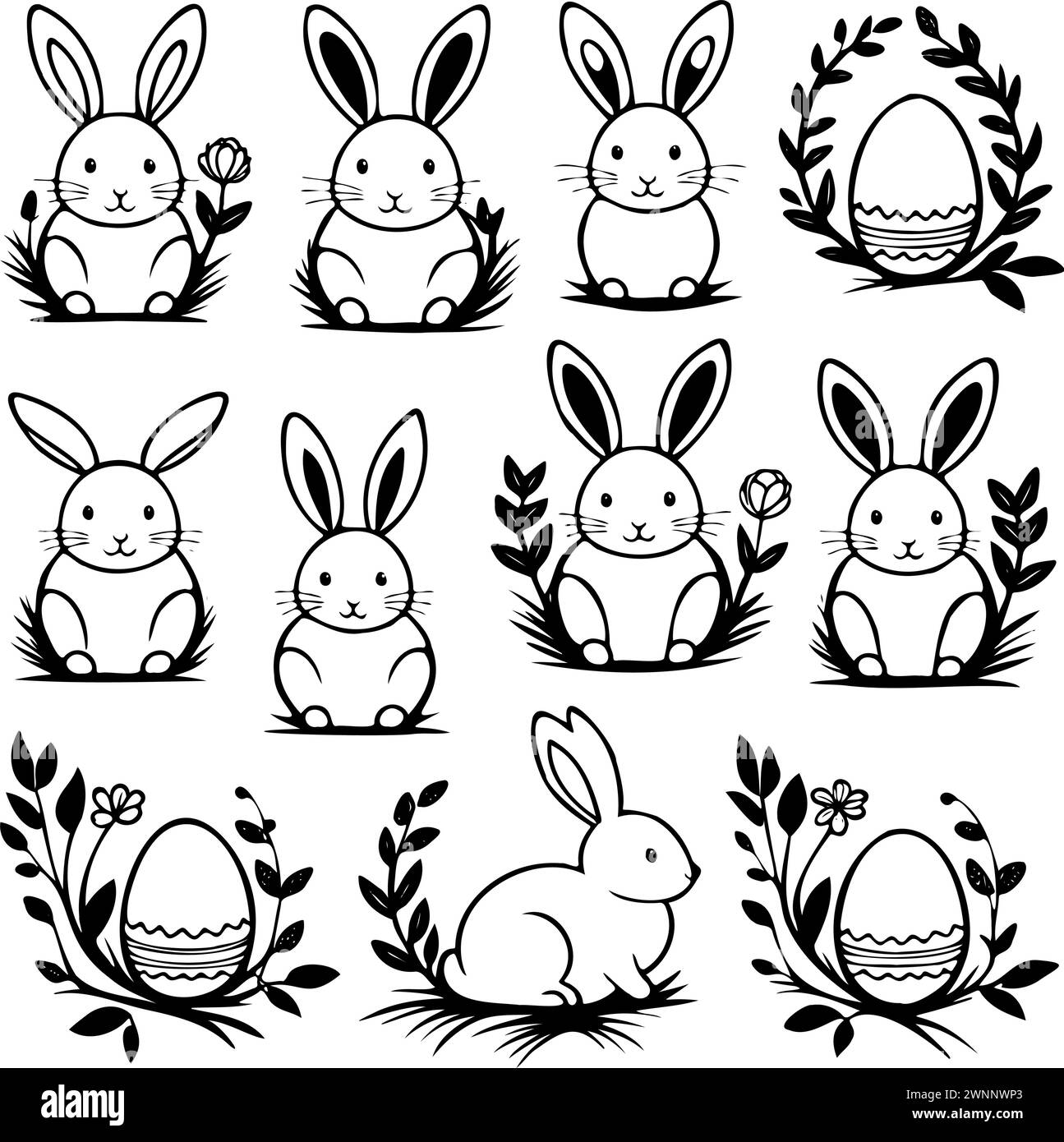 A set black and white rabbits sitting on grass with flowers and an egg