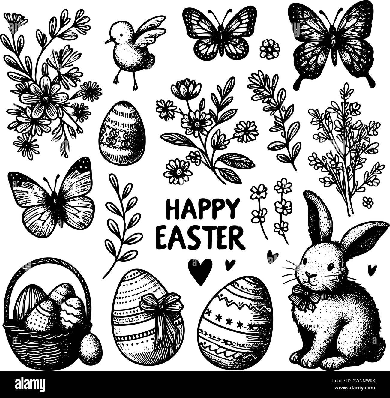 A set of black and white drawings of Easter decorations including a ...