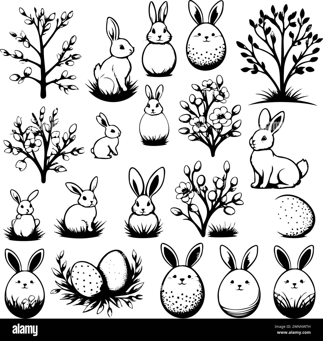 A collection of black and white drawings rabbits and trees. rabbits are ...