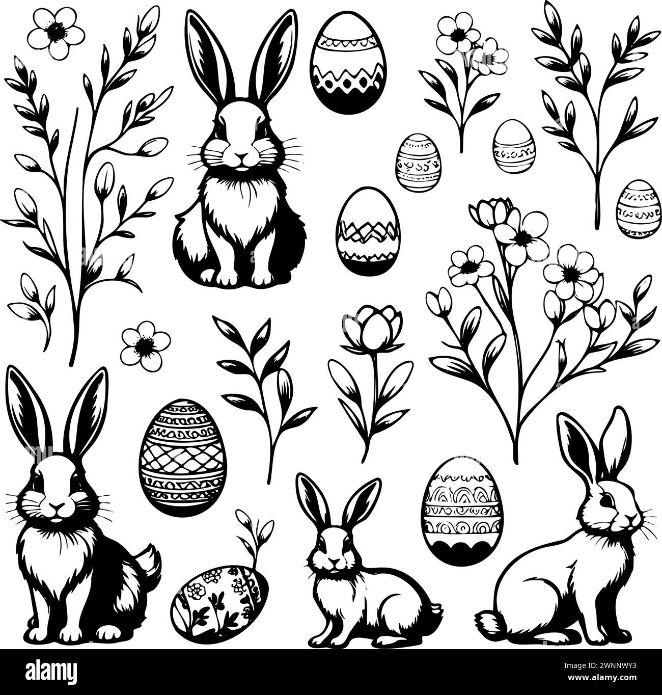 A collection black and white drawings of rabbits and eggs. rabbits are ...