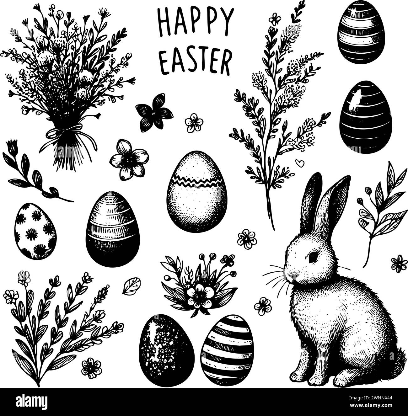 A black and white drawing Easter eggs, flowers, and a rabbit. The ...