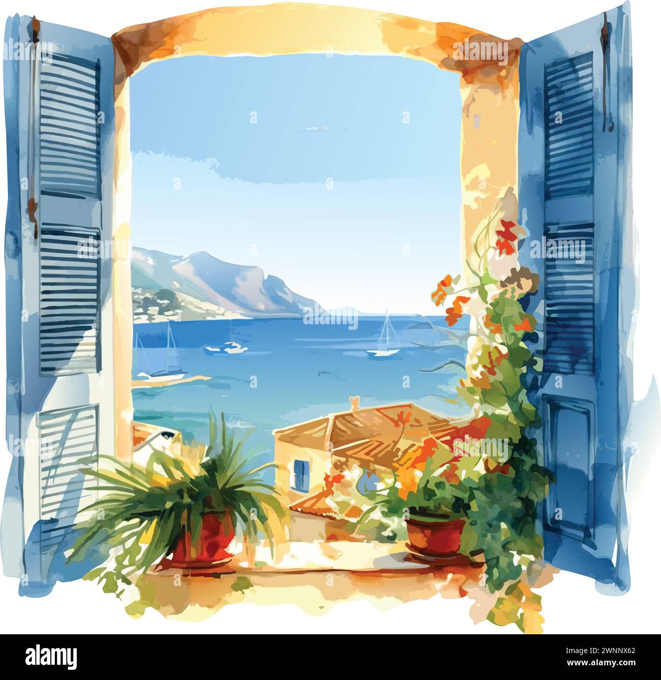 View from the window of the picturesque landscape in Greece Stock Vector