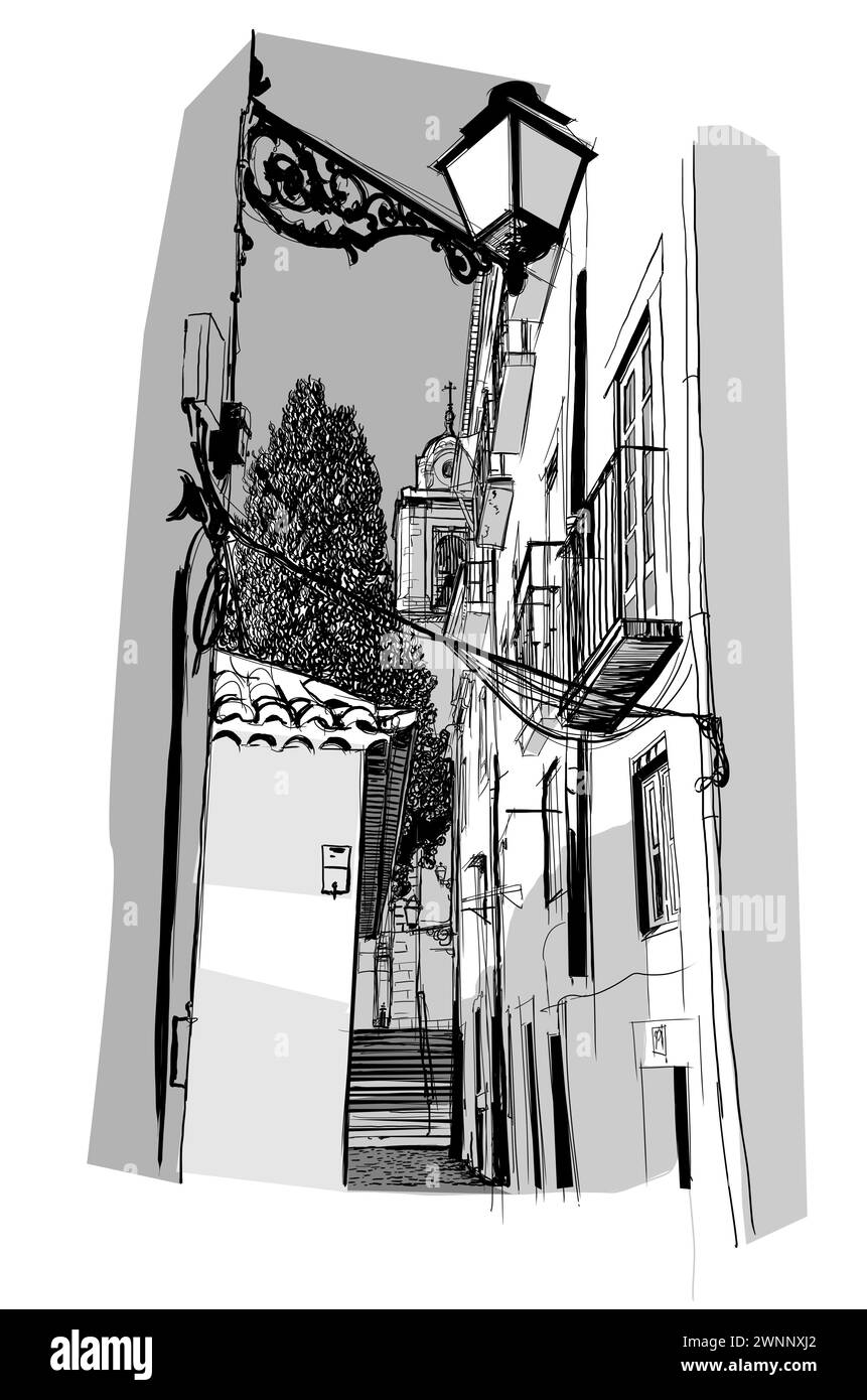 Street in Lisbon (Alfama) - vector illustration Stock Vector