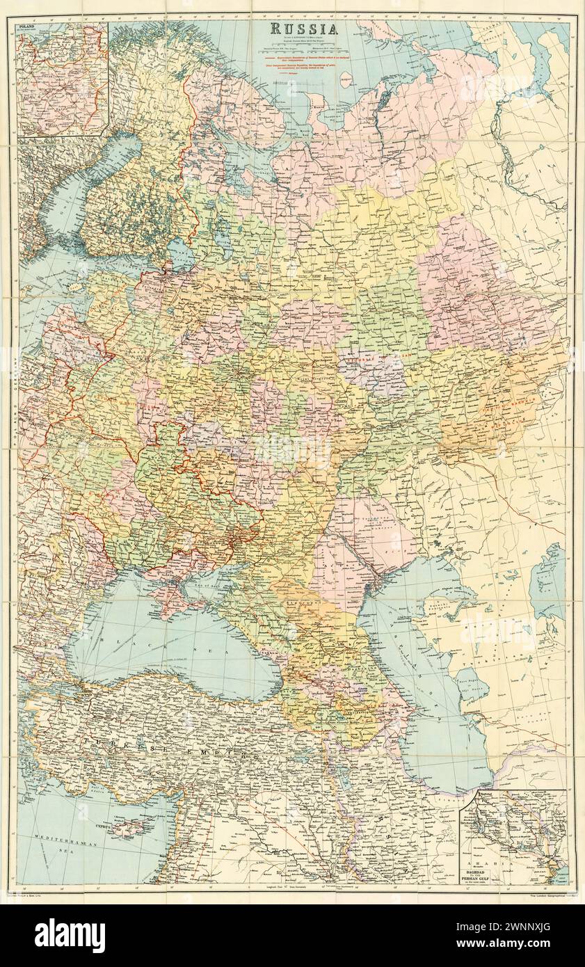 Vintage Illustrated Map . 1921 map of Russia.  Showing the borders in Red following WWI as of Map.   Creator George Philip & Son Contributors.  London Geographical Institute Stock Photo