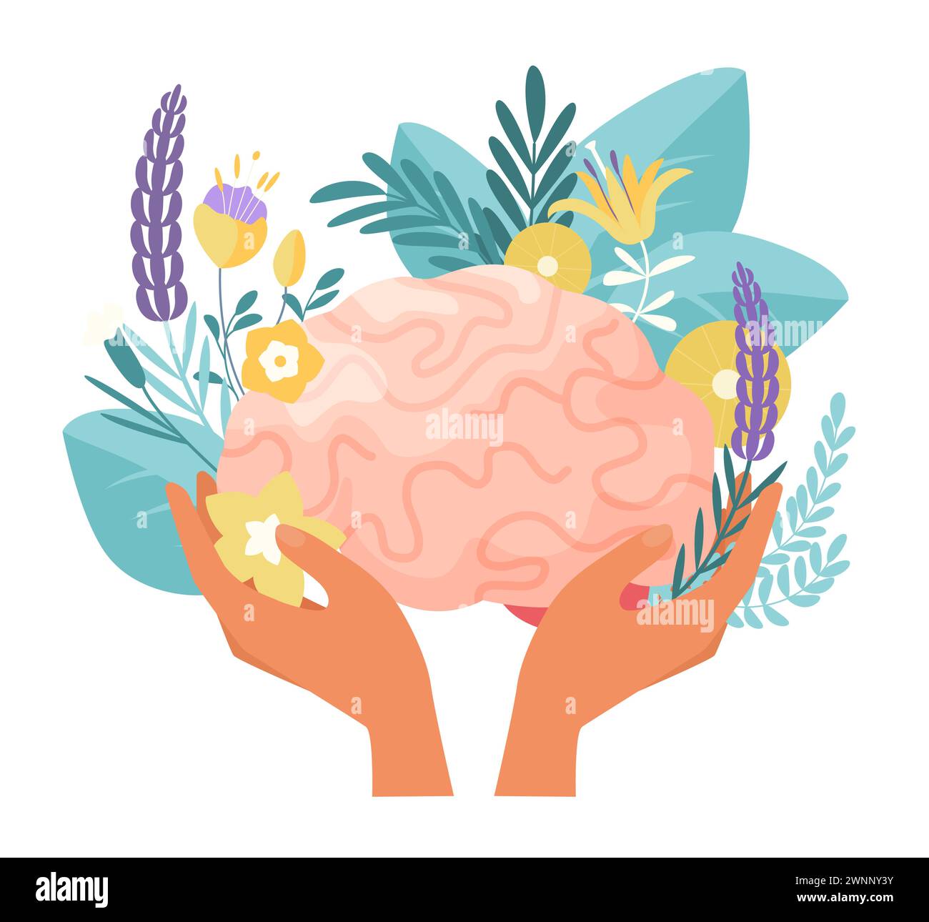 Mental health, brain health care and psychotherapy, adaptation training and psychology counseling. Hands holding human brain with summer wild flowers and green leaves cartoon vector illustration Stock Vector