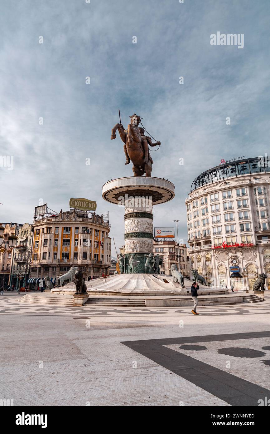 Skopje, North Macedonia - 7 FEB 2024: Warrior on a Horse statue at the Macedonia Square, the main square of Skopje, the biggest in square in the count Stock Photo