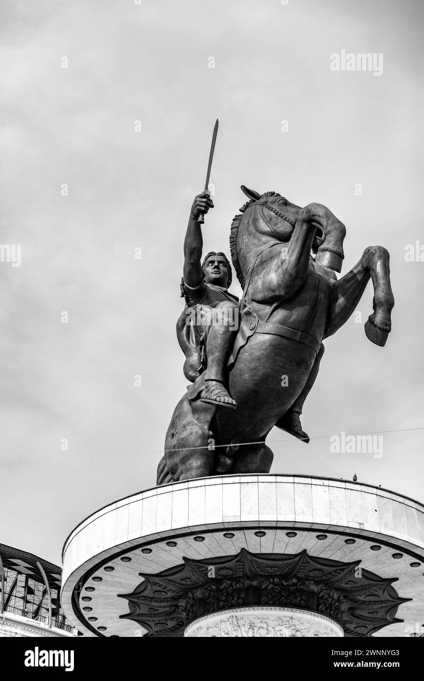 Skopje, North Macedonia 7 FEB 2024 Warrior on a Horse statue at the