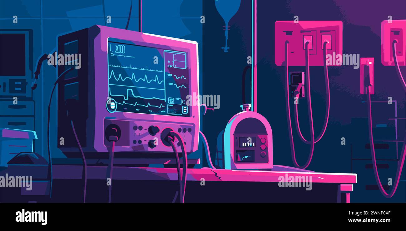 Heart monitor with ECG lines on the background of critical patient in ...