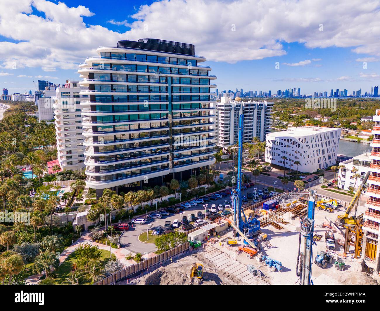 Miami Beach, FL, USA - February 27, 2024: Aerial photo Faena House and Forum Miami Beach Stock Photo