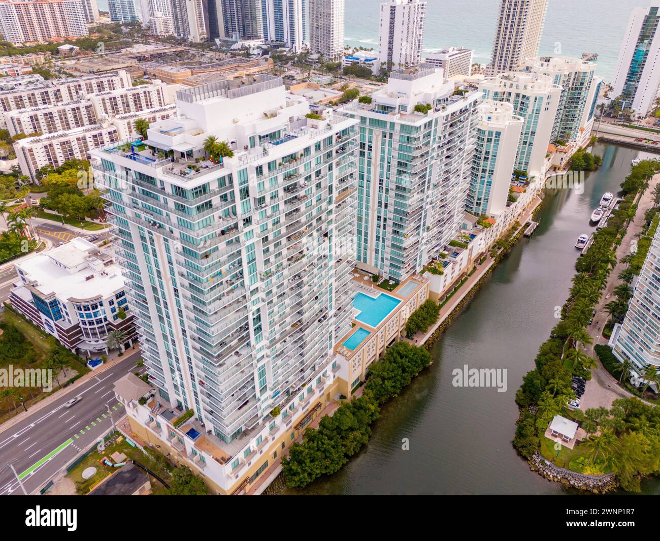 Sunny Isles Beach FL USA March 1 2024: Aerial photo Parque Towers
