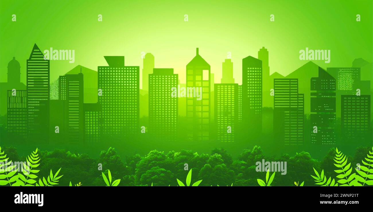 Green City landscape with buildings, hills and trees. Eco and green ...