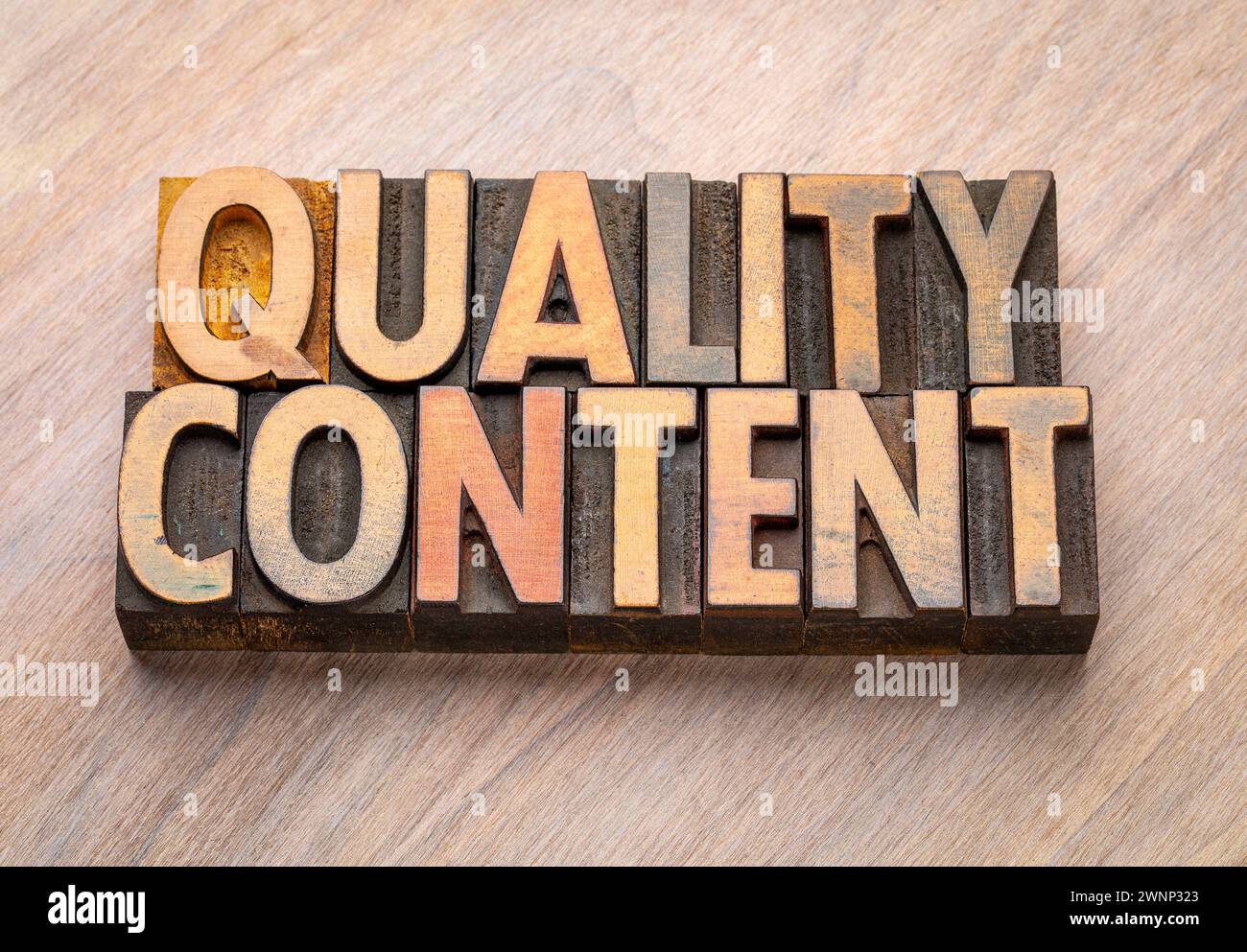 quality content  - word abstract in vintage letterpress wood type blocks, blogging and media concept Stock Photo