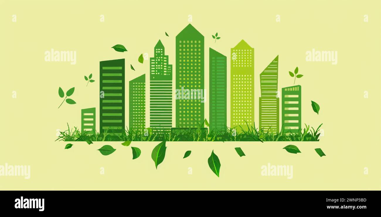 Green City landscape with buildings, hills and trees. Eco and green ...