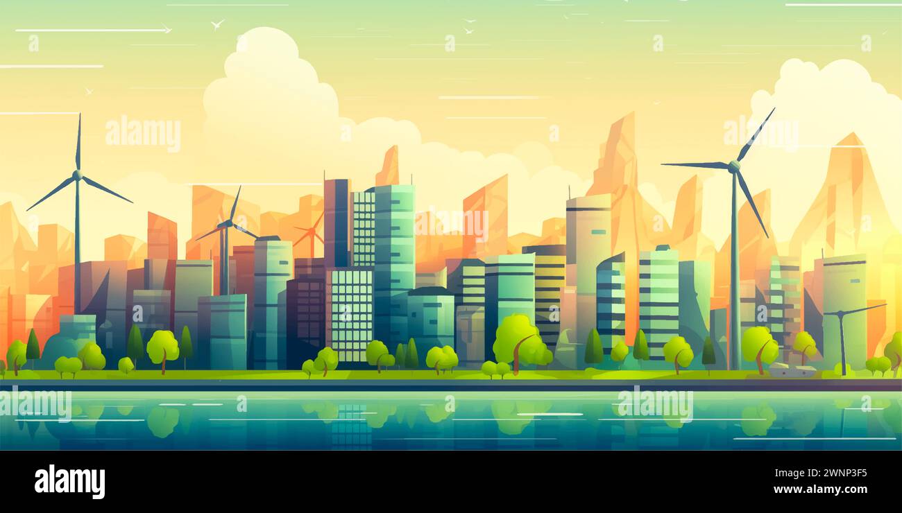 Green City landscape with buildings, hills and trees. Eco and green ...