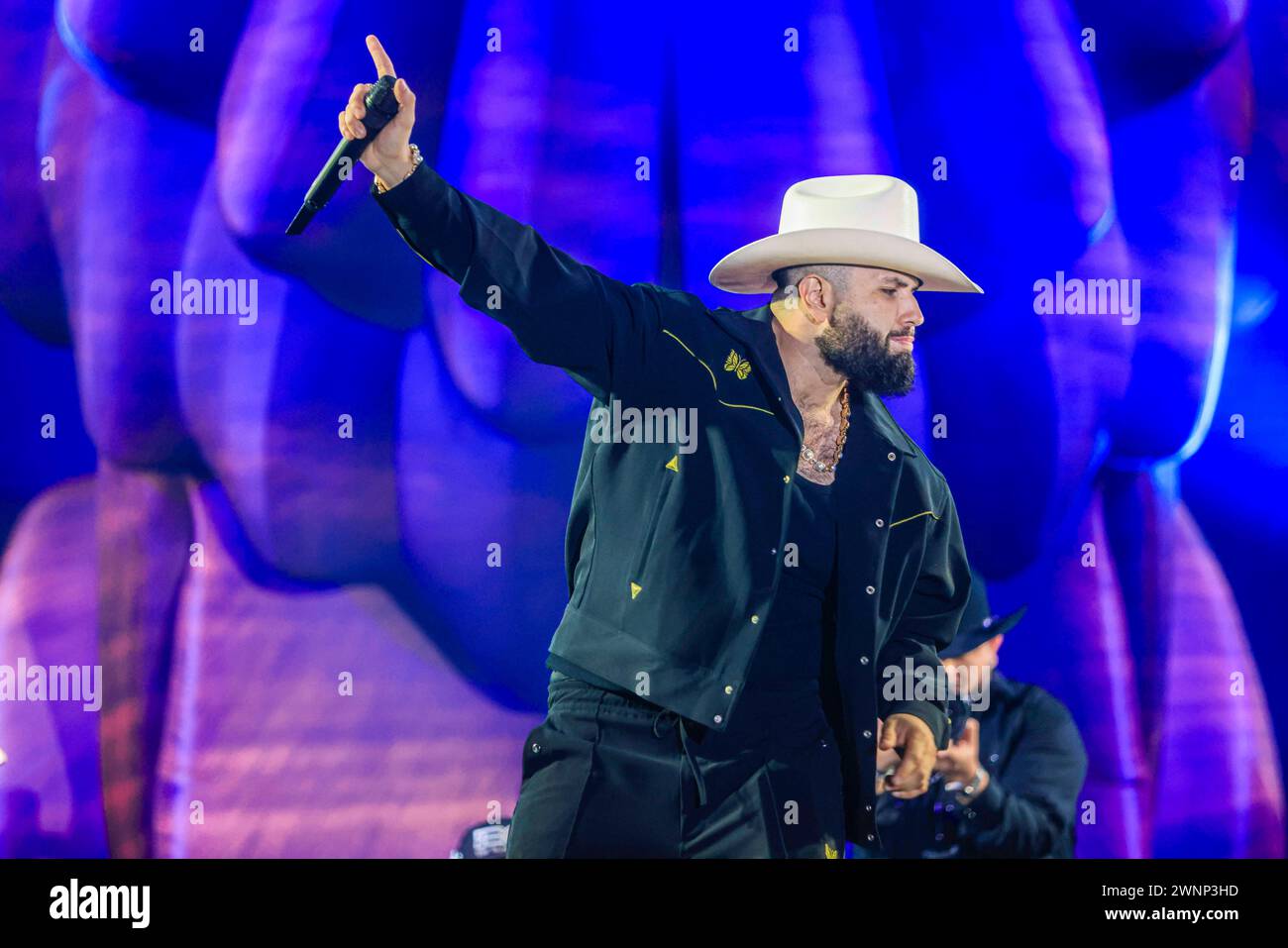 HERMOSILLO, MEXICO - MARCH 2: Carin Leon  performs ,during a concert as part of Colmillo de Leche tour at Fernando Valenzuela stadium on March 2, 2024 in Hermosillo, Mexico. (Photo by Luis Gutierrez/Norte Photo) Stock Photo