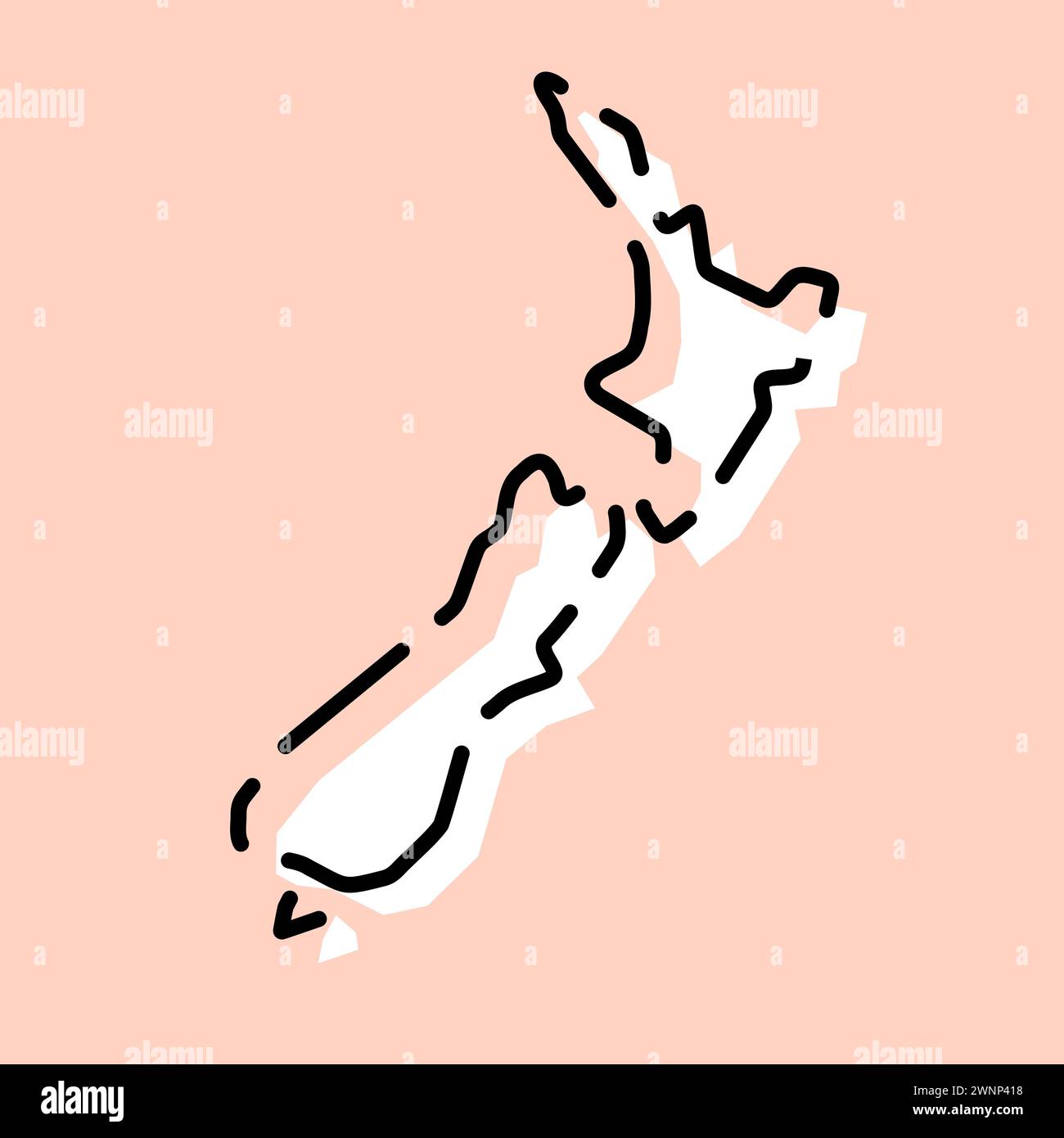 New Zealand country simplified map. White silhouette with black broken ...