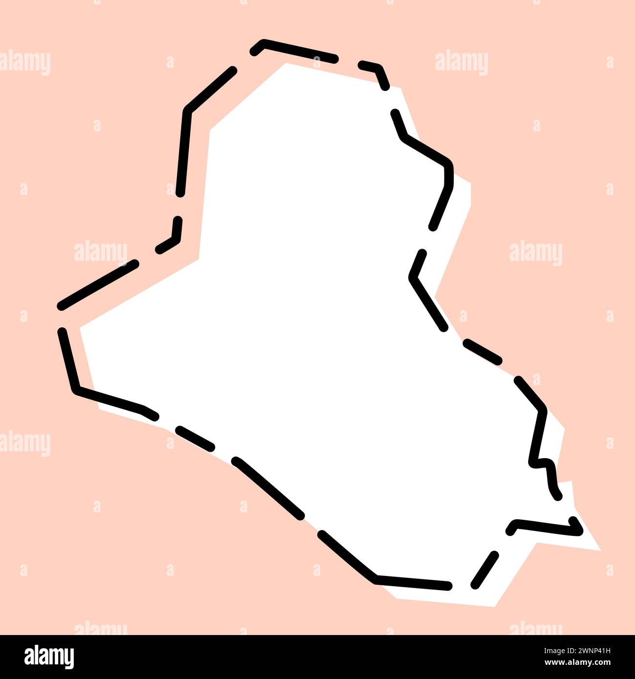 Iraq country simplified map. White silhouette with black broken contour on pink background. Simple vector icon Stock Vector