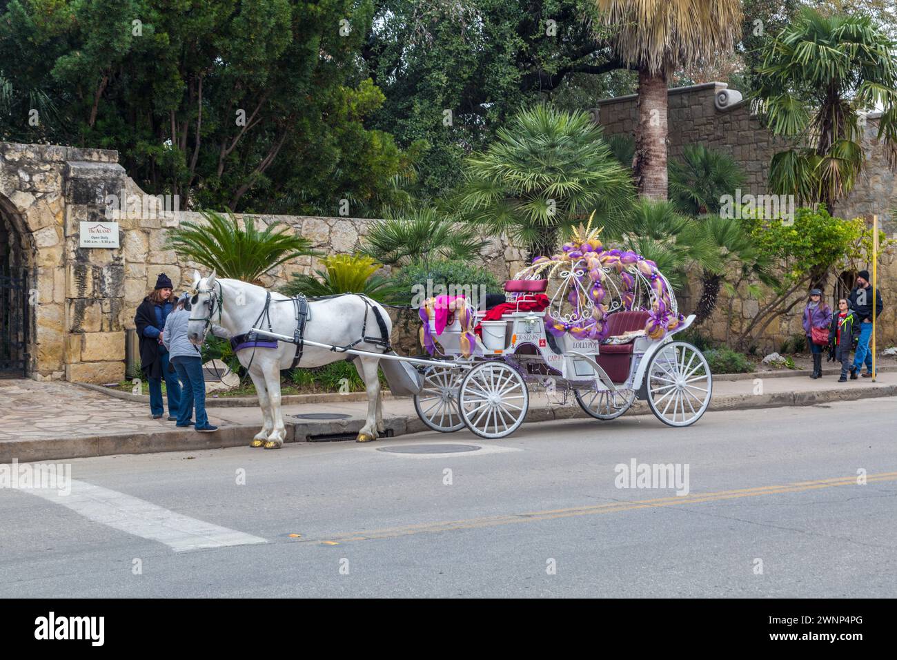 Tourist family on a Lollypop horse and carriage tour in downtown San ...