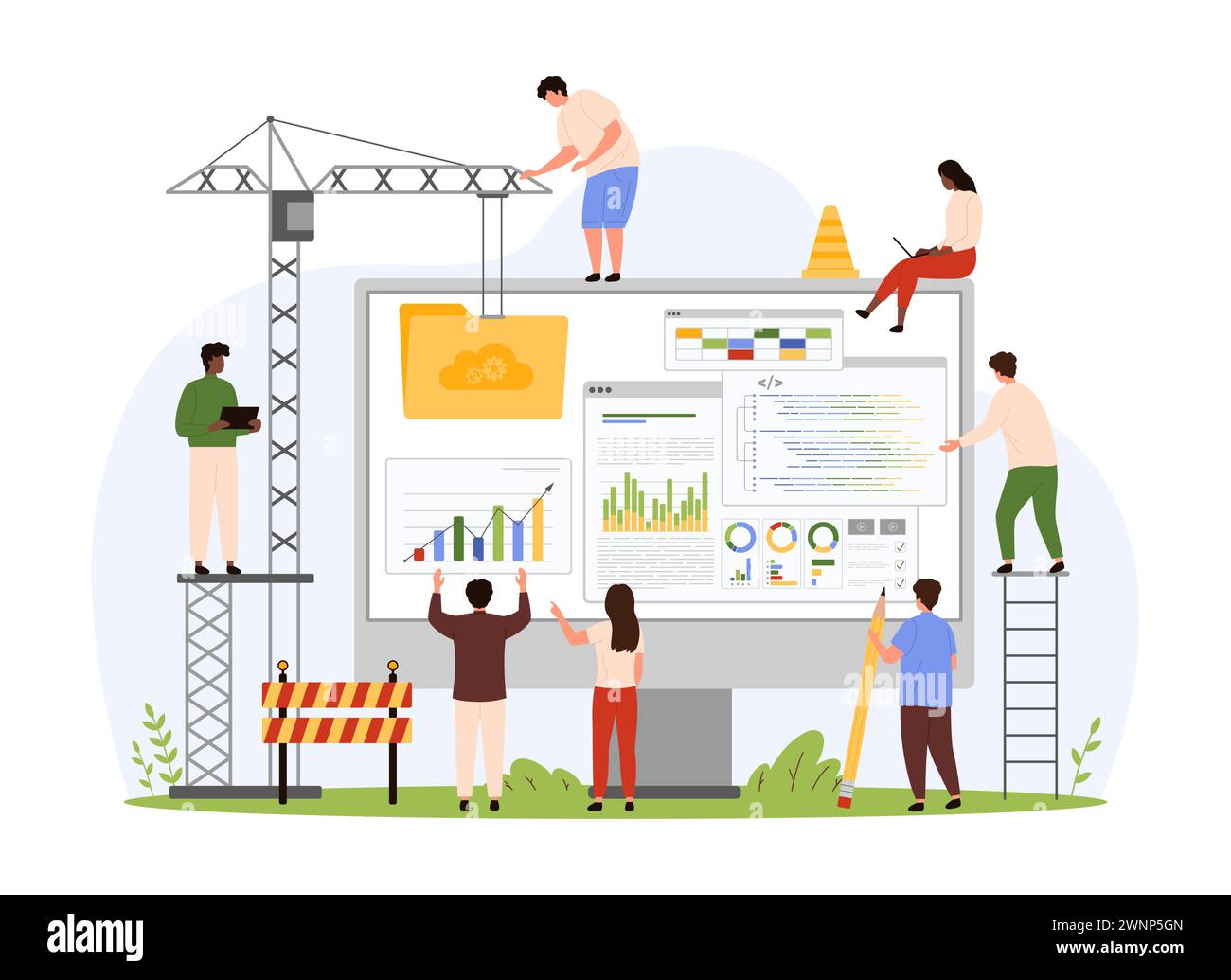 New website construction creation process tiny people build friendly