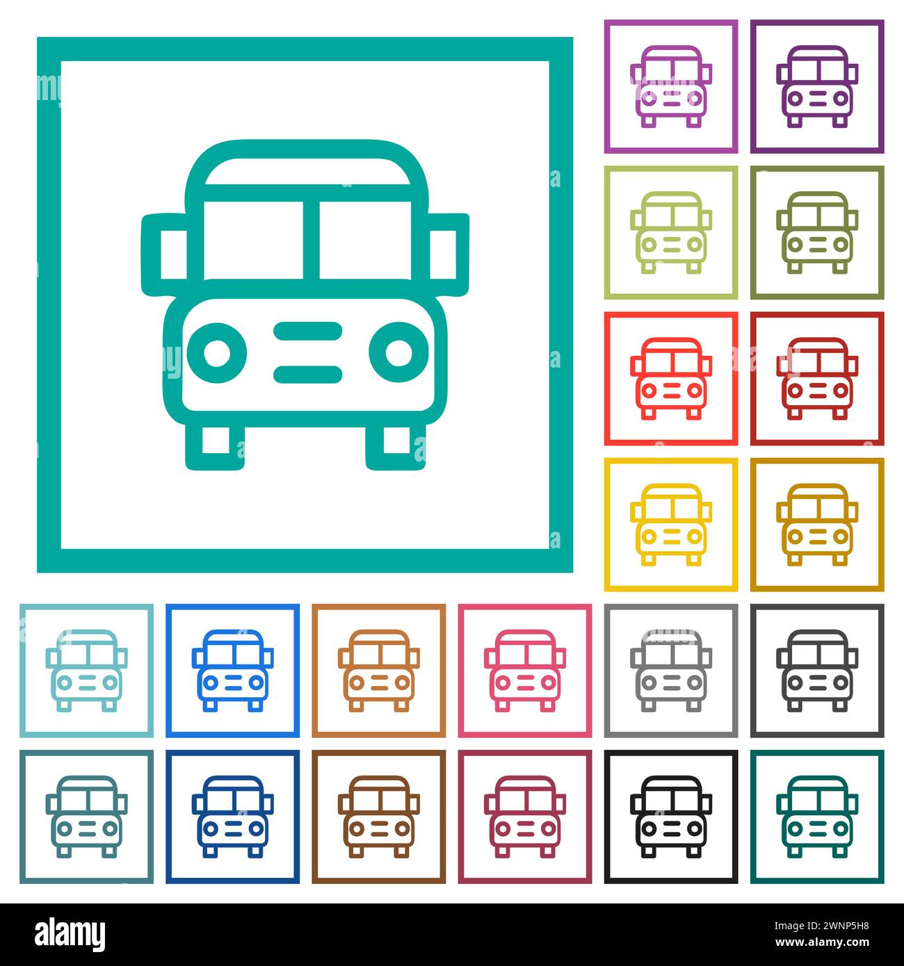 school bus front view outline flat color icons with quadrant frames on ...