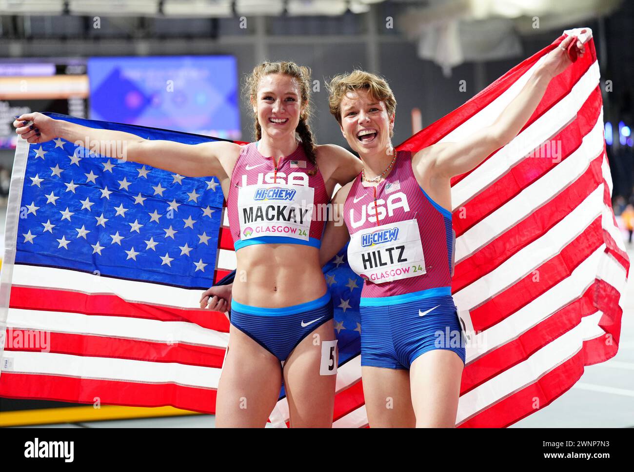 USA's Emily Mackay and Nikki Hiltz after the Women's 1500m Final during day three of the World Indoor Athletics Championships at the Emirates Arena, Glasgow. Picture date: Sunday March 3, 2024. Stock Photo