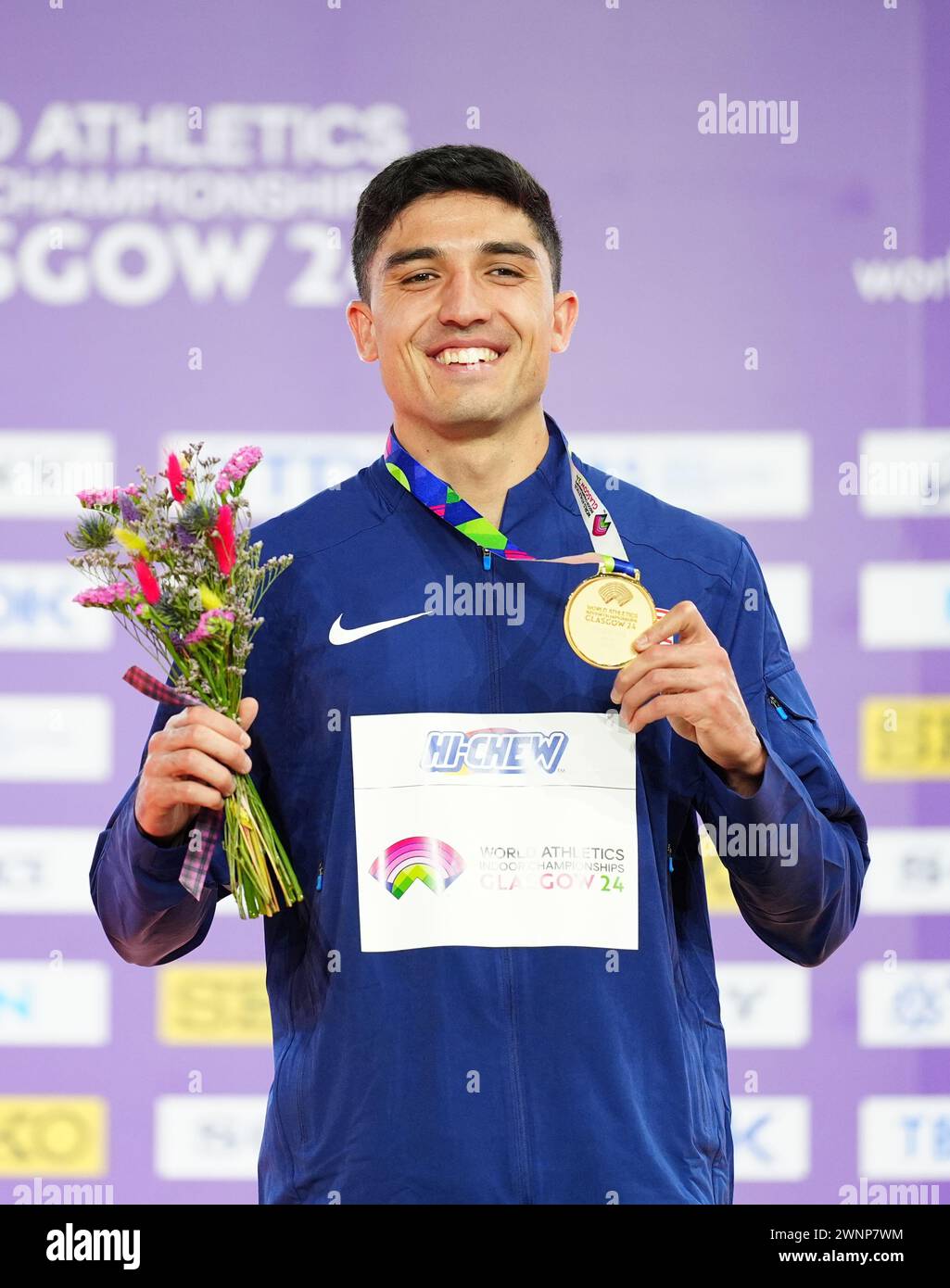 USA's Bryce Hoppel, gold, on the podium for the Men's 800m during day