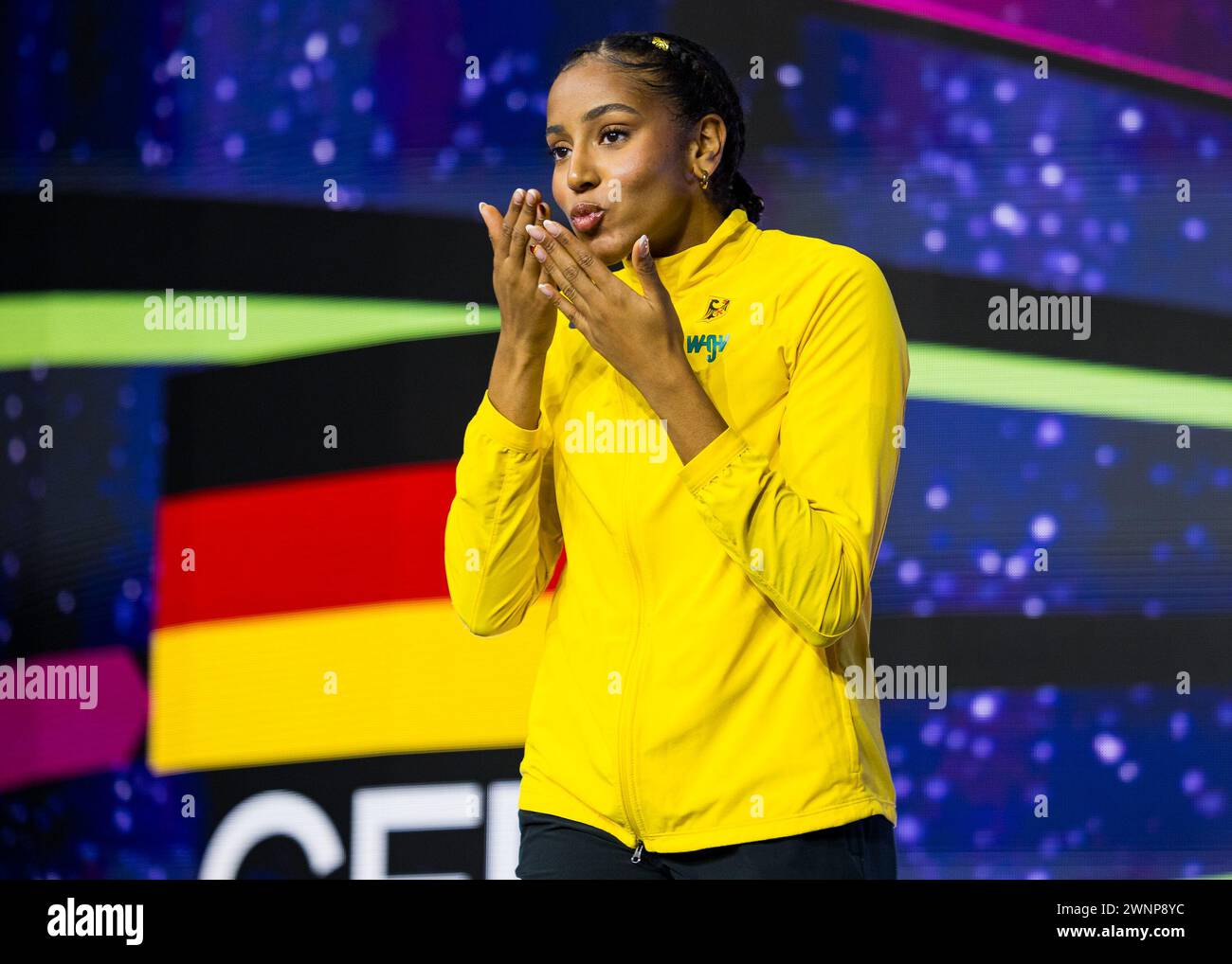 Glasgow, Scotland. 03 March 2024.  Mikaelle ASSANI (GER) enters for the women’s long jump final   Credit: Raymond Davies / Alamy Live News Stock Photo
