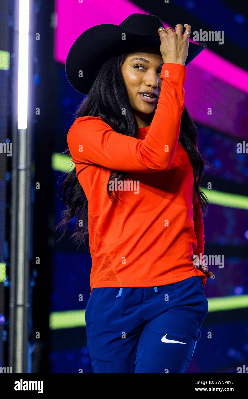 Glasgow, Scotland. 03 March 2024.  Tara DAVIS-WOODHALL (USA) enters for the women’s long jump final   Credit: Raymond Davies / Alamy Live News Stock Photo