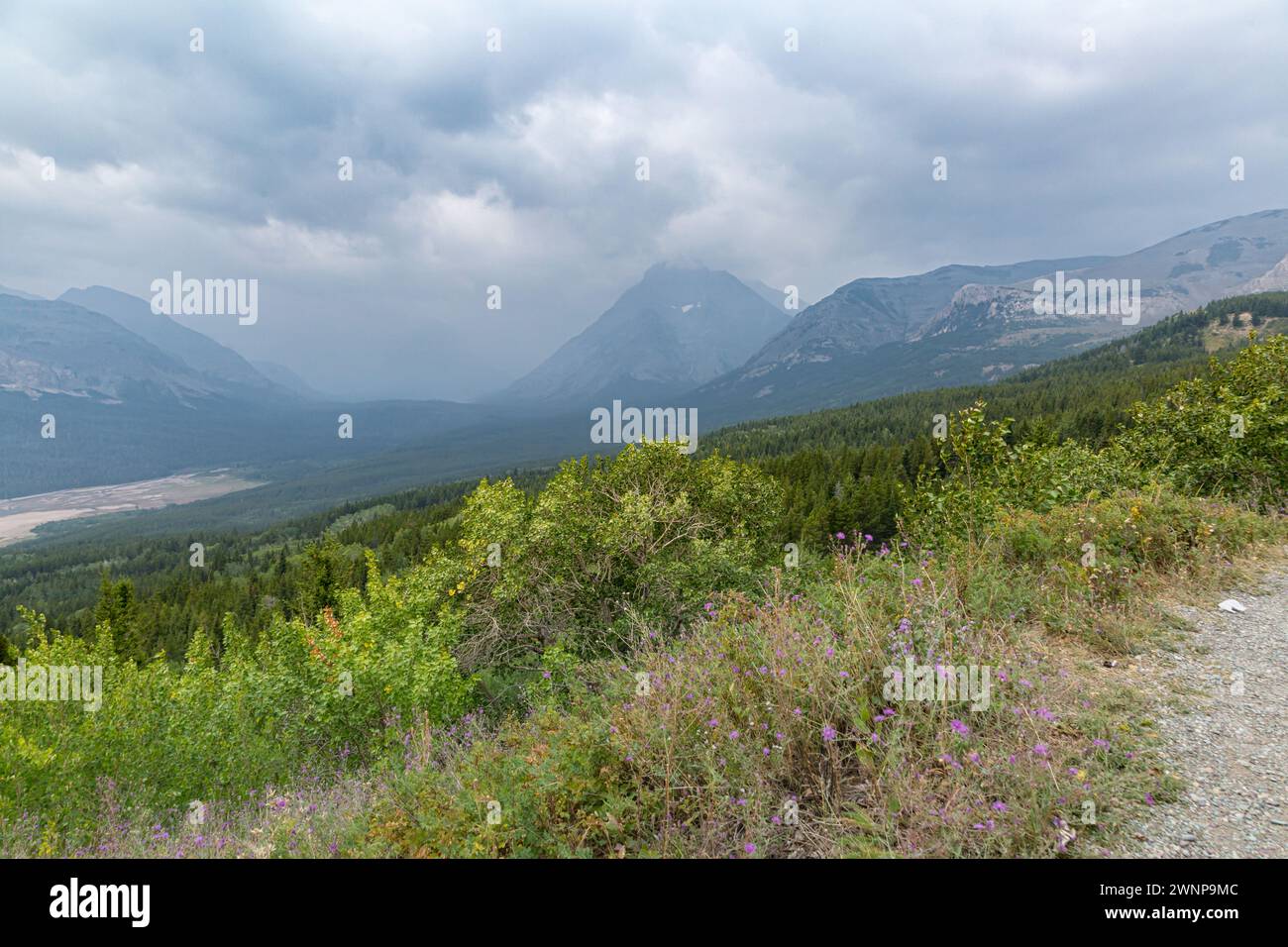 View of Saint Mary Lake in Glacier National Pak from an overlook in St. Mary, Montana on a smokey and cloudy day Stock Photo