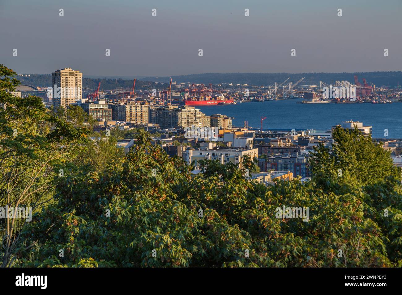 View of shipping port in Seattle, Washington from Kerry Park Stock Photo