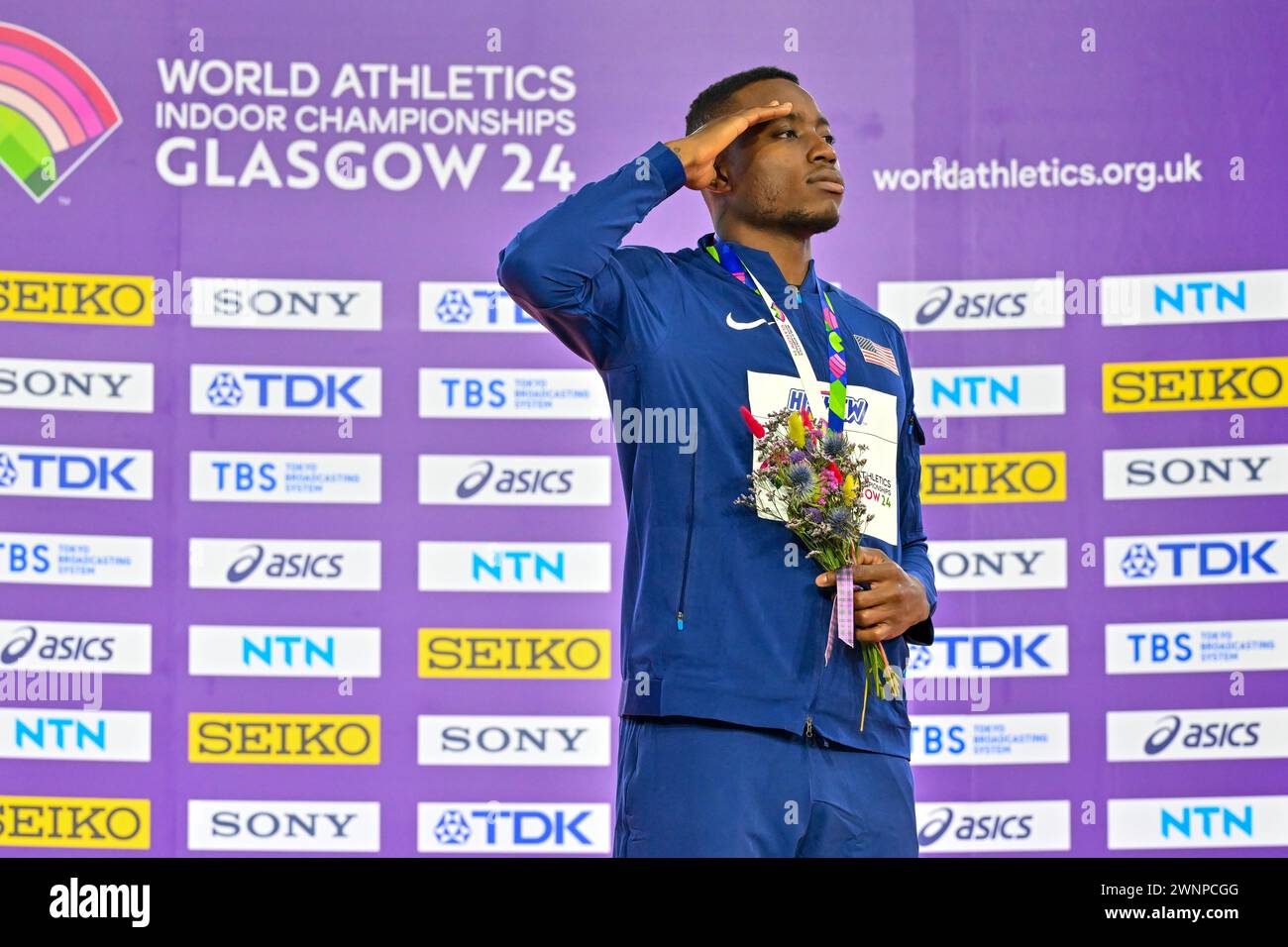 Glasgow, Scotland, UK. 03rd Mar, 2024. Medel Ceremony - Mens 60m Hurdles - (PIC - Grant HOLLOWAY) 1st Grant HOLLOWAY (USA), 2nd Lorenzo Ndele SIMONELLI (ITA) 3rd Just KWAOU-MATHEY (FRA) during the World Indoor Athletics Championships at the Emirates Arena, Glasgow, Scotland, UK. Credit: LFP/Alamy Live News Stock Photo