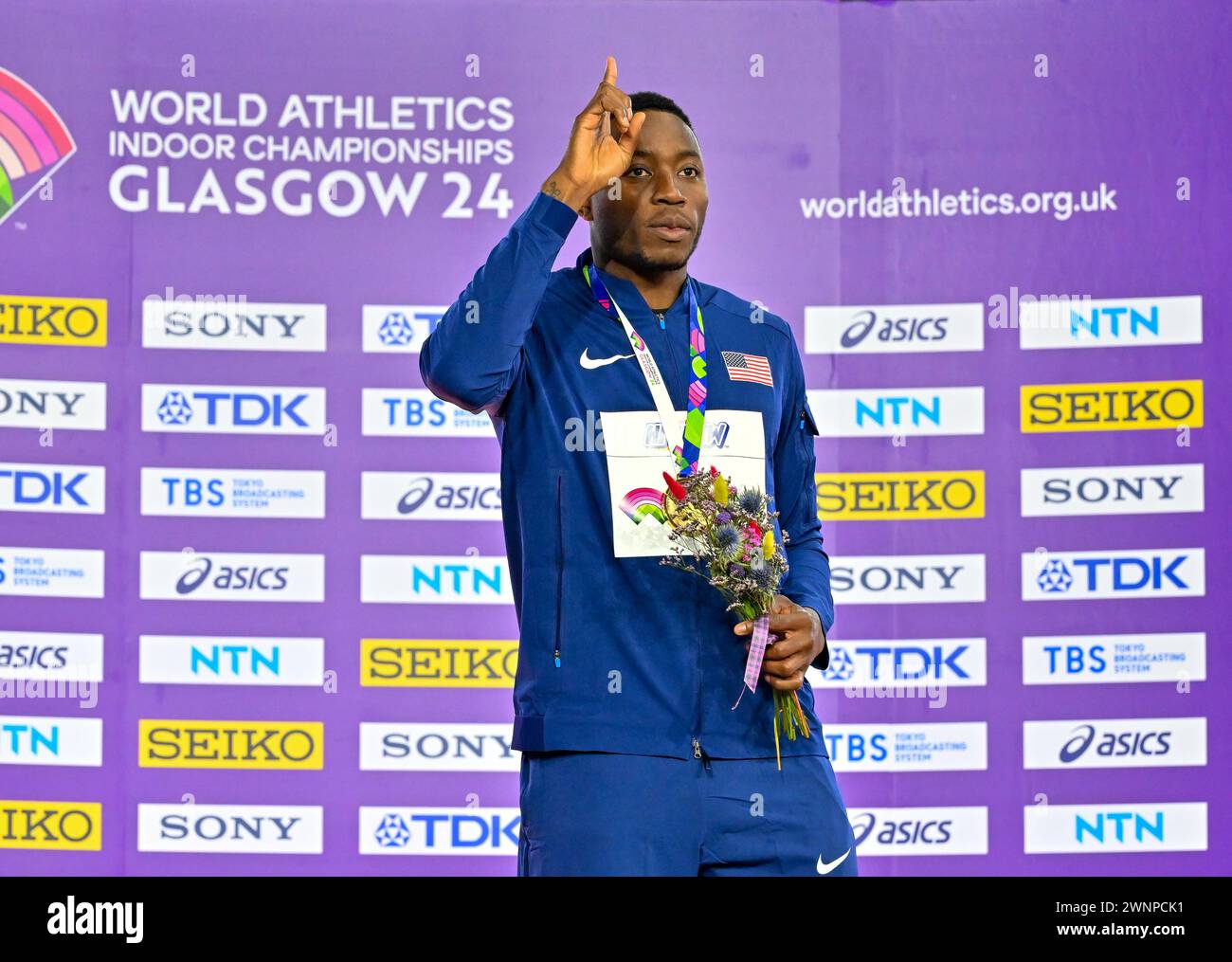 Glasgow, Scotland, UK. 03rd Mar, 2024. Medel Ceremony - Mens 60m Hurdles - (PIC - Grant HOLLOWAY) 1st Grant HOLLOWAY (USA), 2nd Lorenzo Ndele SIMONELLI (ITA) 3rd Just KWAOU-MATHEY (FRA) during the World Indoor Athletics Championships at the Emirates Arena, Glasgow, Scotland, UK. Credit: LFP/Alamy Live News Stock Photo