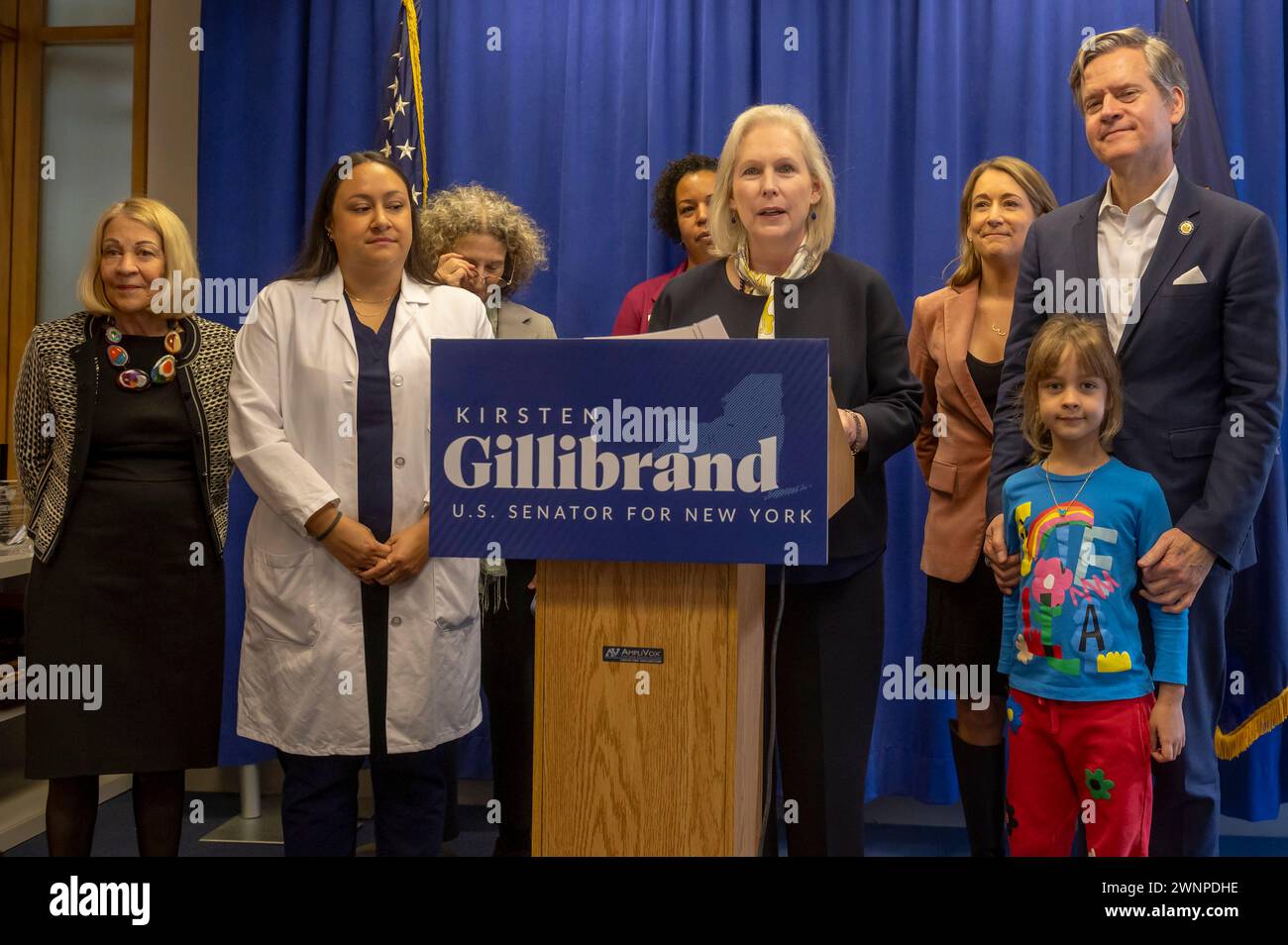 New York, United States. 03rd Mar, 2024. NEW YORK, NEW YORK - MARCH 3: U.S. Senator Kirsten Gillibrand speaks at a press conference calling for the passage of the Access to Family Building on March 3, 2024 in New York City. Senator Gillibrand, standing with other advocates, calls for the passage of the Access to Family Building Act, legislation that would protect access to in vitro fertilization (IVF) and other assisted reproductive technology (ART) following the Alabama Supreme Court decision that puts reproductive rights in jeopardy. Credit: Ron Adar/Alamy Live News Stock Photo