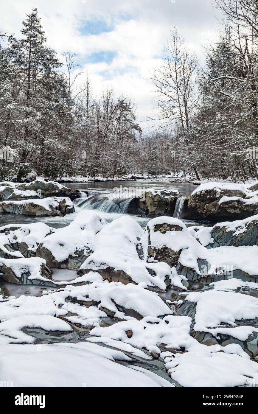 Ice and Snow on Little Pigeon River in Great Smoky Mountains National Park Stock Photo