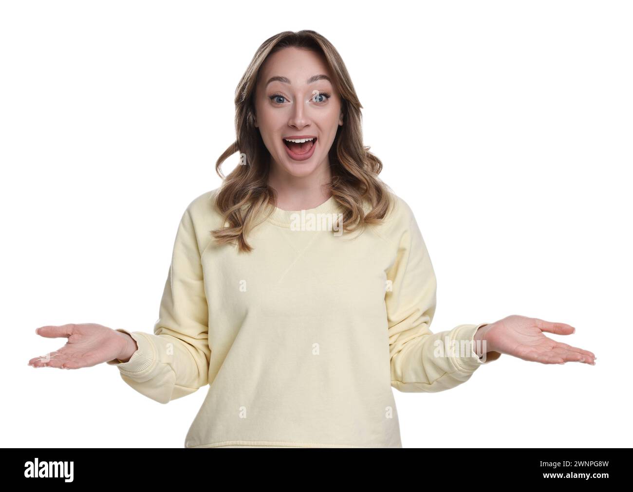 Portrait of happy surprised woman on white background Stock Photo - Alamy