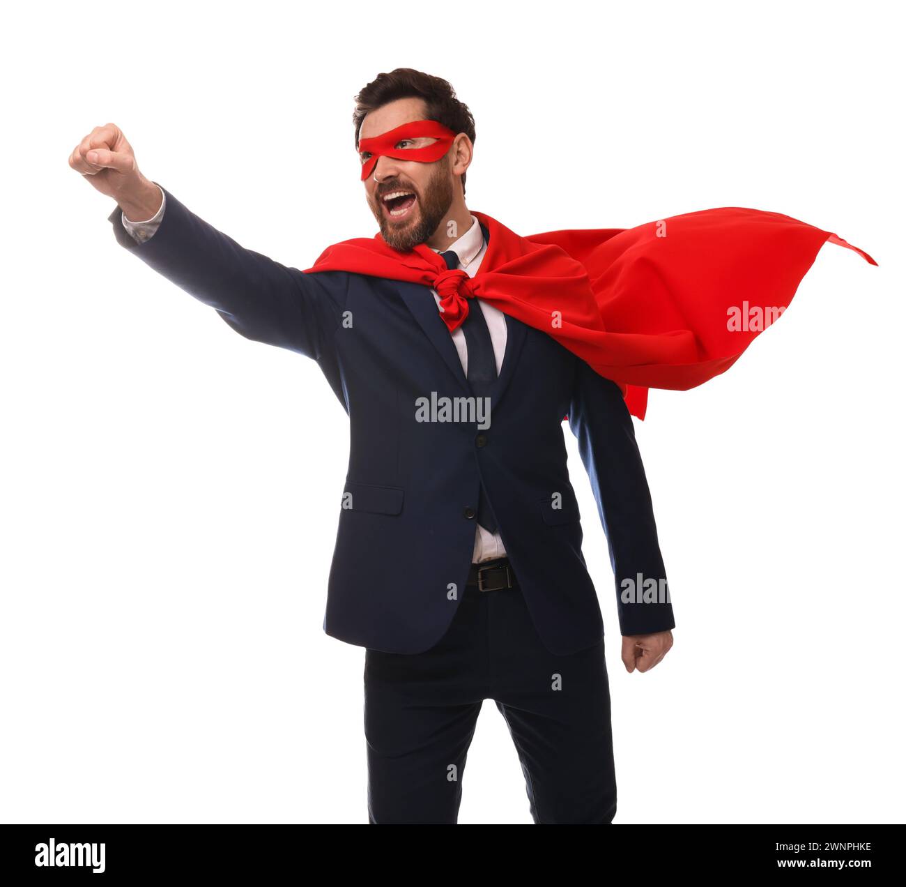 Emotional businessman wearing red superhero cape and mask on white ...