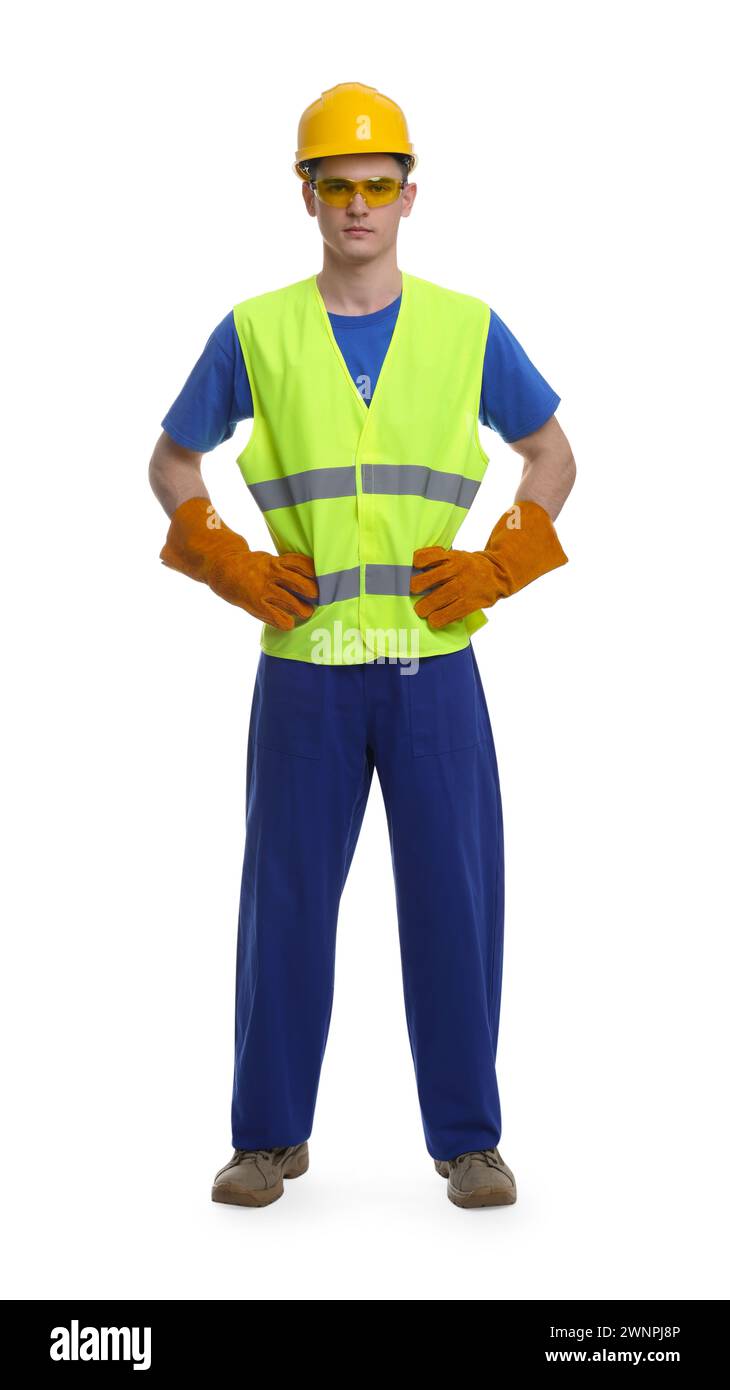 Young man wearing safety equipment on white background Stock Photo - Alamy