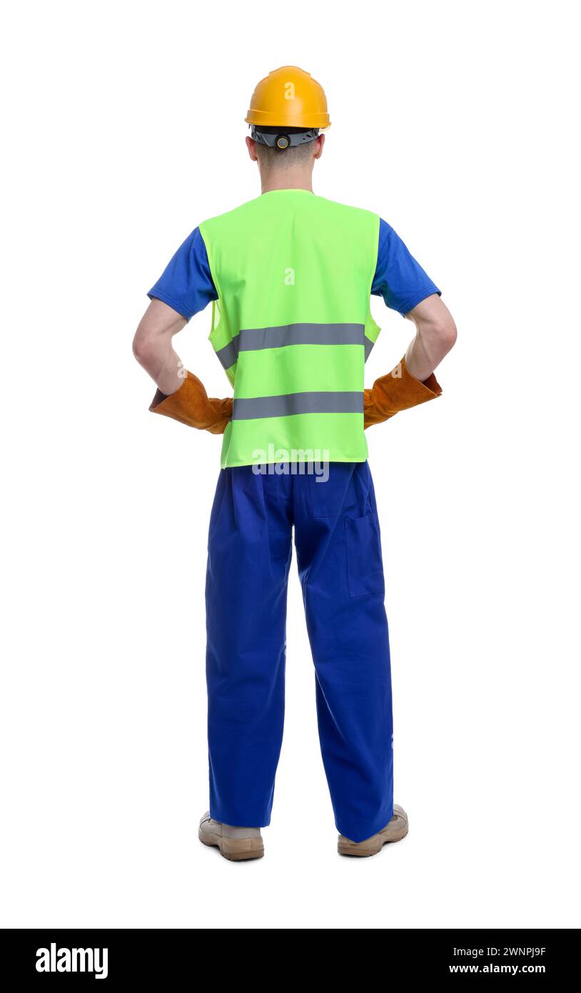 Young man wearing safety equipment on white background, back view Stock ...