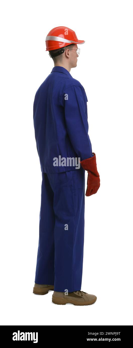 Young man wearing safety equipment on white background, back view Stock ...