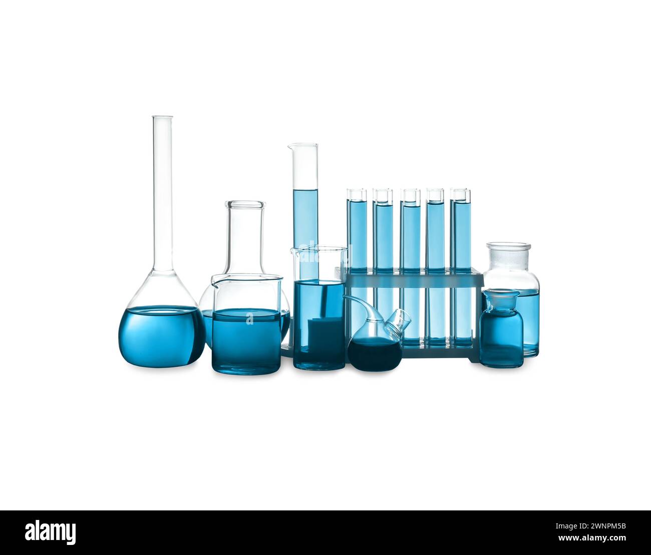 Labware Blue Laboratory glassware with blue liquid isolated on white Stock Photo - Alamy