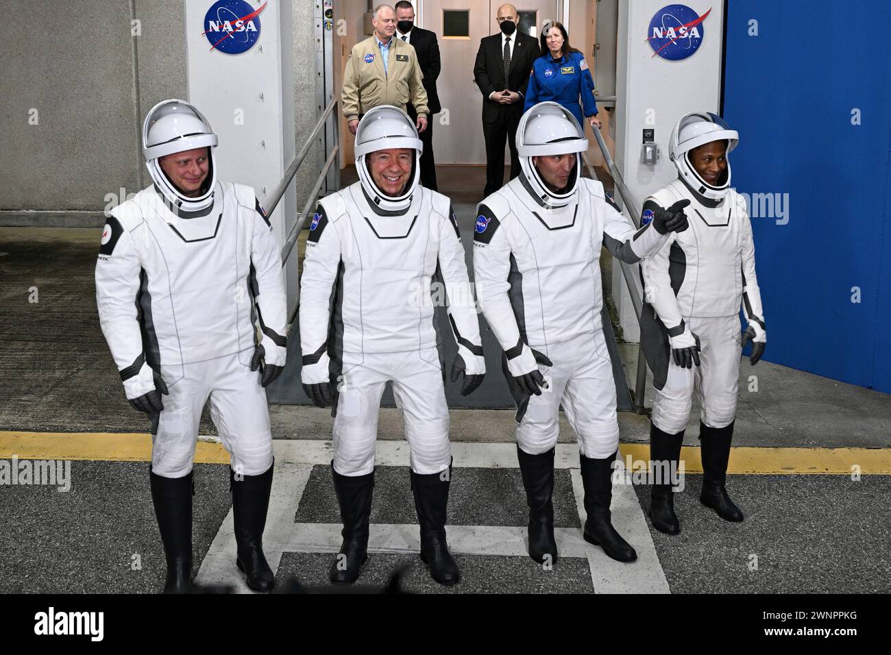 Kennedy Space Center, Florida on Sunday March 3, 2024. The NASA SpaceX Crew 8 members, Aleksandr Grebenkin of Roscosmos, along with NASA Astronauts Pilot Michael Barratt, Commander Matthew Dominick and Mission Specialist Jeanette Epps (l to r) pose after walking out from the Operations and Checkout Building at the Kennedy Space Center, Florida on Sunday March 3, 2024. SpaceX will launch the crew to the International Space Station. Photo by Joe Marino/UPI Credit: UPI/Alamy Live News Stock Photo
