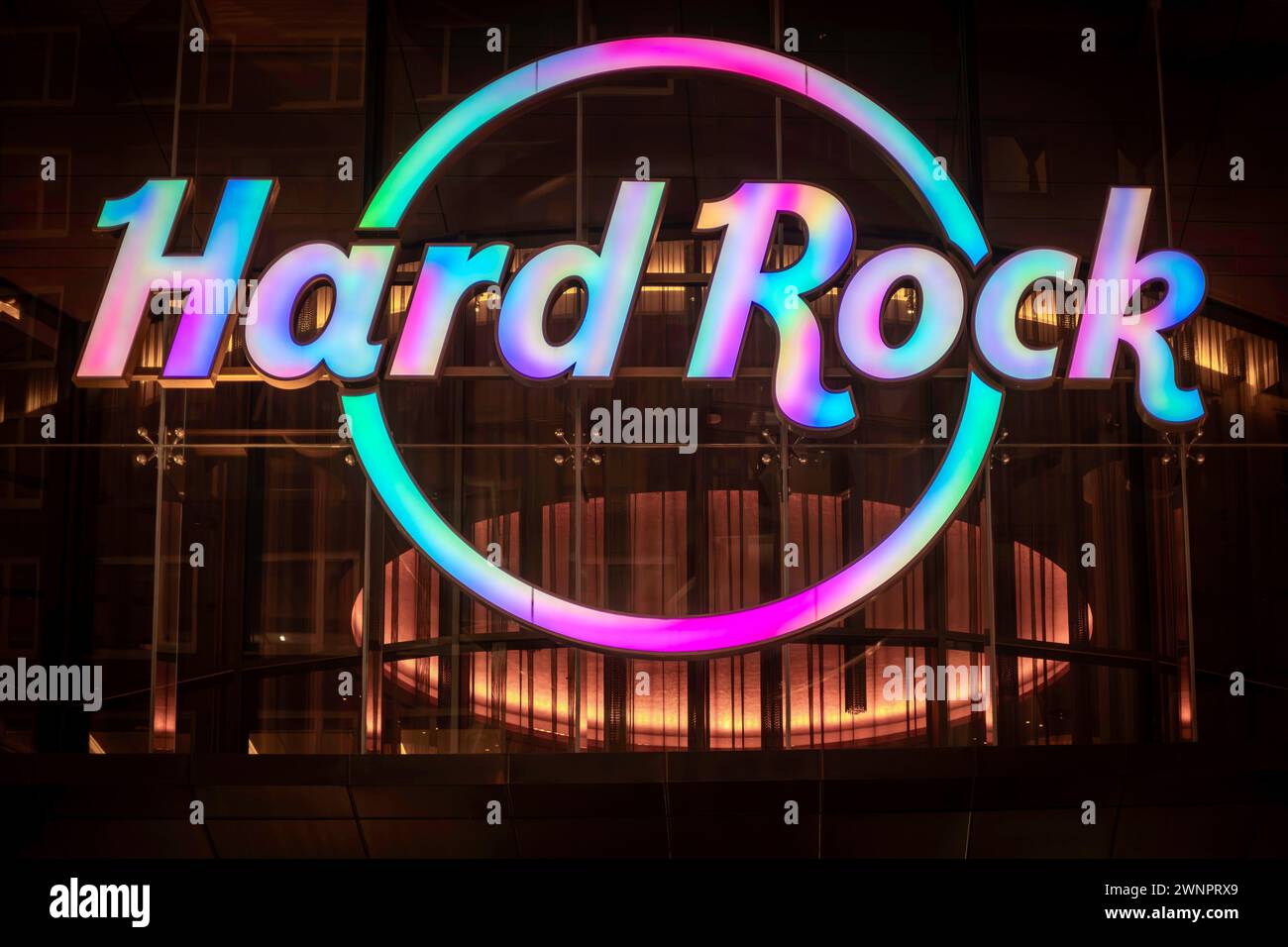 Hard Rock Cafe sign on a building in Manhattan, New York City Stock Photo