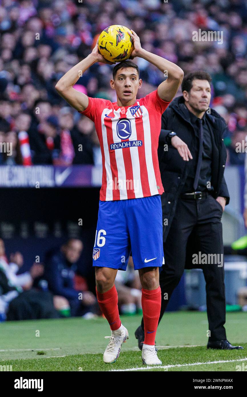 Madrid, Spain. 03rd Mar, 2024. Civitas Metropolitano Madrid, Spain - March 4: Nahuel Molina of Atletico de Madrid serves the ball during La Liga EA Sports match between Atletico Madrid and Real Betis at Civitas Metropolitano in Madrid, Spain. (Photo by Sports Press Photo) (Eurasia Sport Images/SPP) Credit: SPP Sport Press Photo. /Alamy Live News Stock Photo
