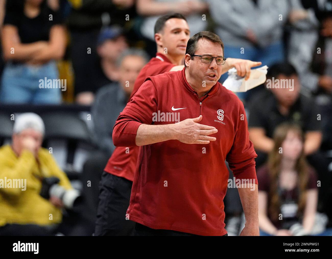 Stanford head coach Jerod Haase directs his team against Colorado in ...