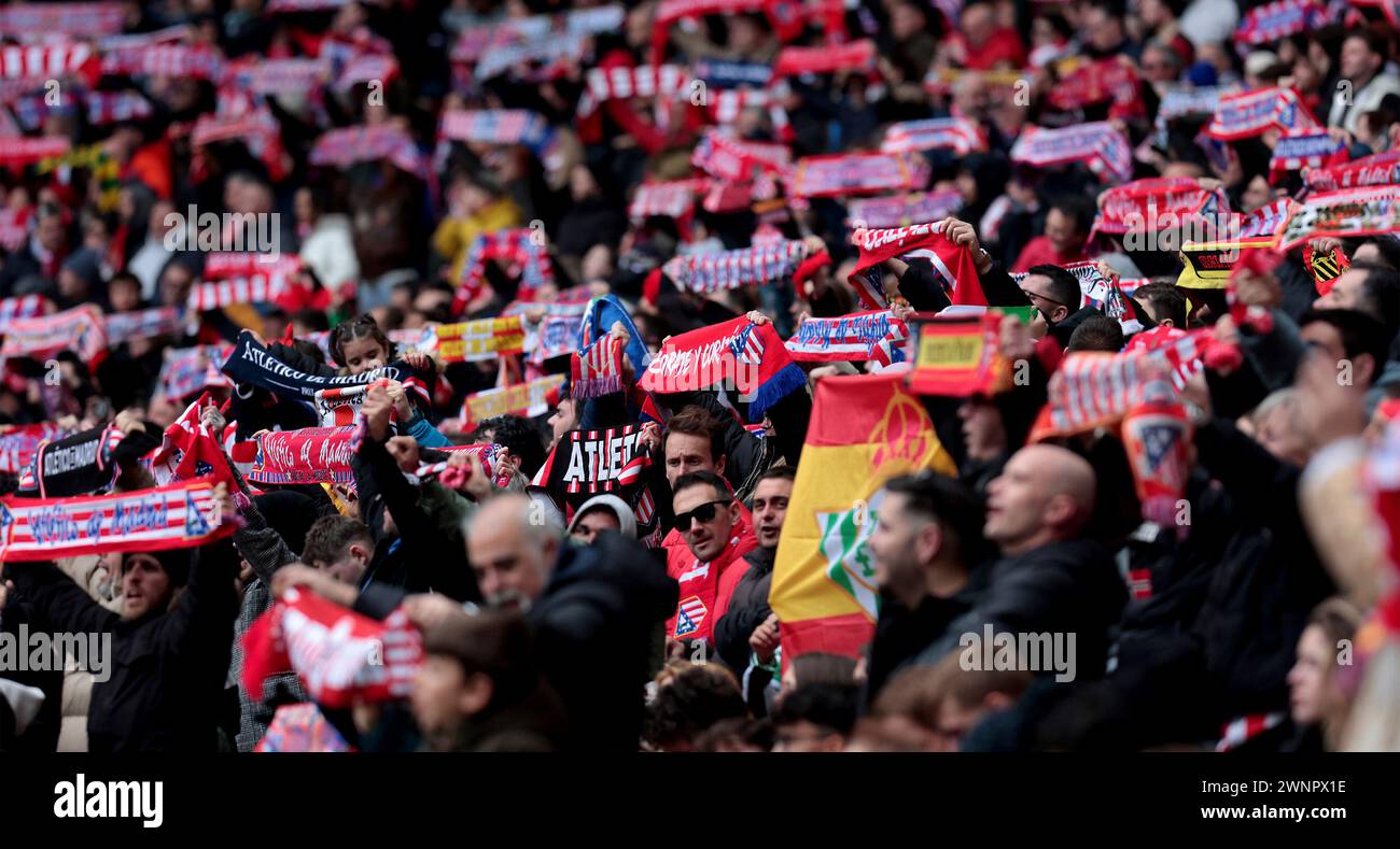Madrid, Spanien. 03rd Mar, 2024. Madrid Spain; 03.03.2024.- Fans. Atlético de Madrid beats Betis 2-1 at the Civitas Meropolitano stadium in the capital of the Kingdom of Spain on matchday 27. With goals from Rui Tiago Dantas Silva (8' own goal) and Álvaro Morata (44'), Atlético maintained its unbeaten streak in their field against Betis, who scored their goal in the 62nd minute through William Carvalho. Credit: Juan Carlos Rojas/dpa/Alamy Live News Stock Photo