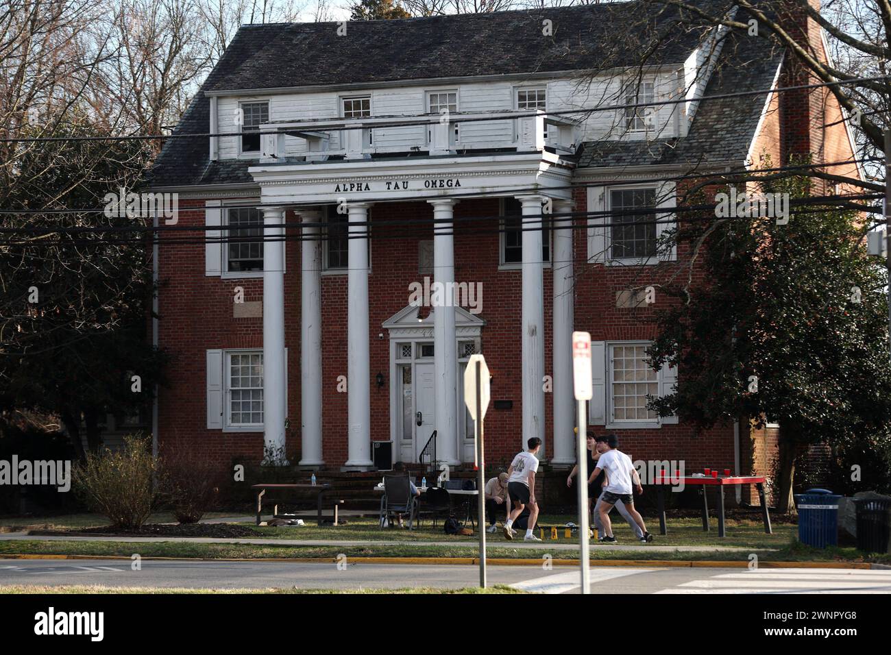 College Park, MD, USA. 3rd Mar, 2024. View of Alpha Tau Omega frat house as University of Maryland suspends frat and sorority houses over misconduct allegations on March 3, 2204 College Park, Maryland. Credit: Mpi34/Media Punch/Alamy Live News Stock Photo