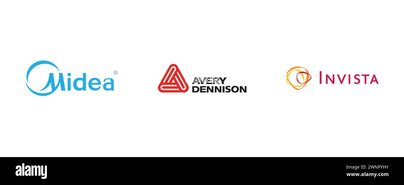 Avery Dennison, Midea, Invista. Collection of top brand logo Stock